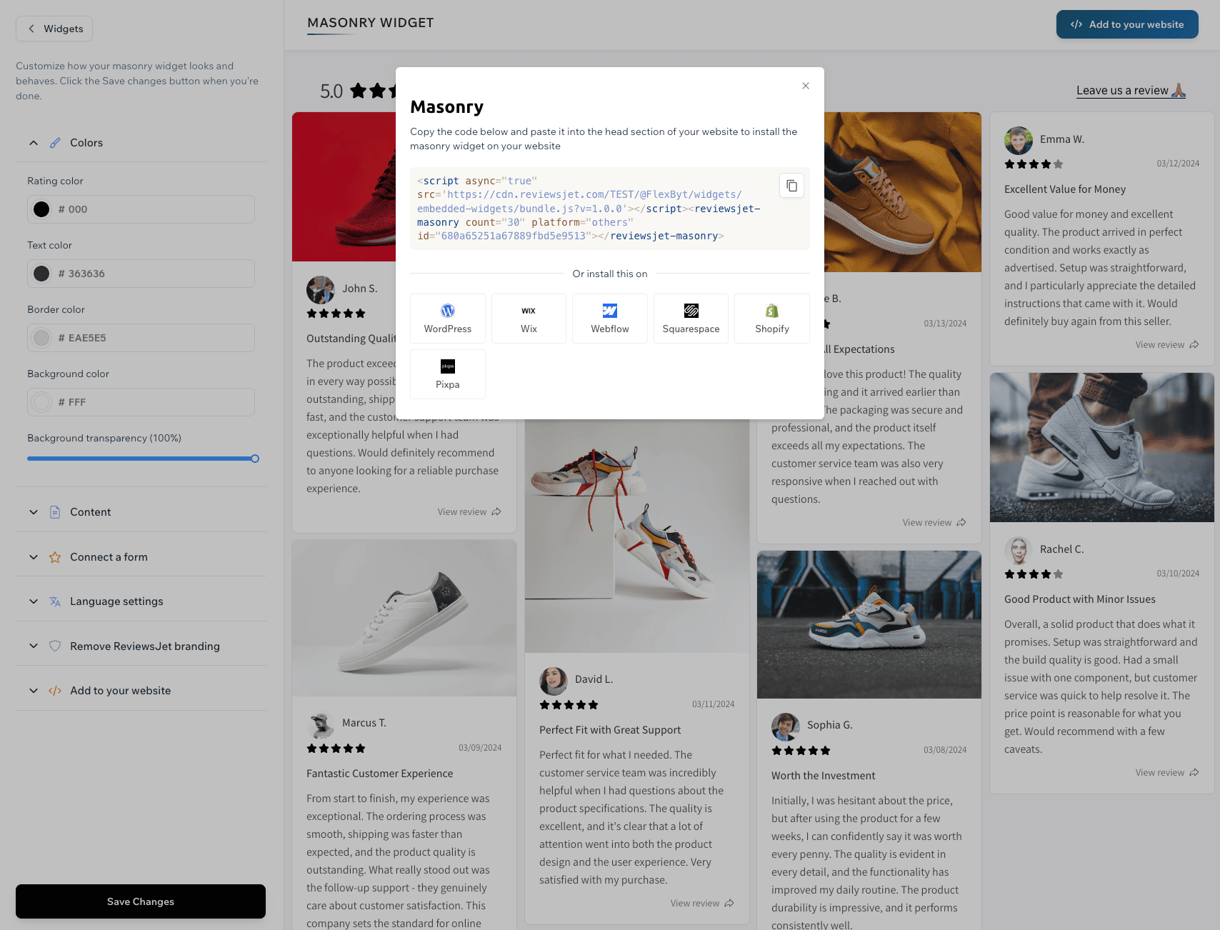 ReviewsJet Masonry widget settings
