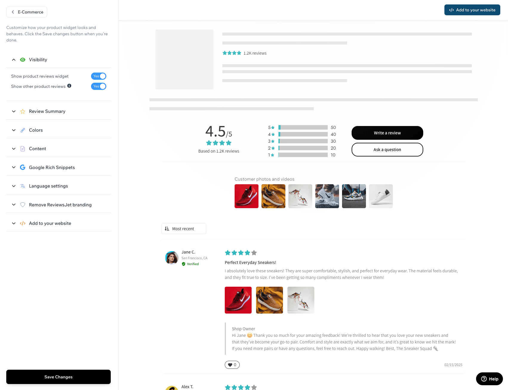 ReviewsJet Product Widget Settings