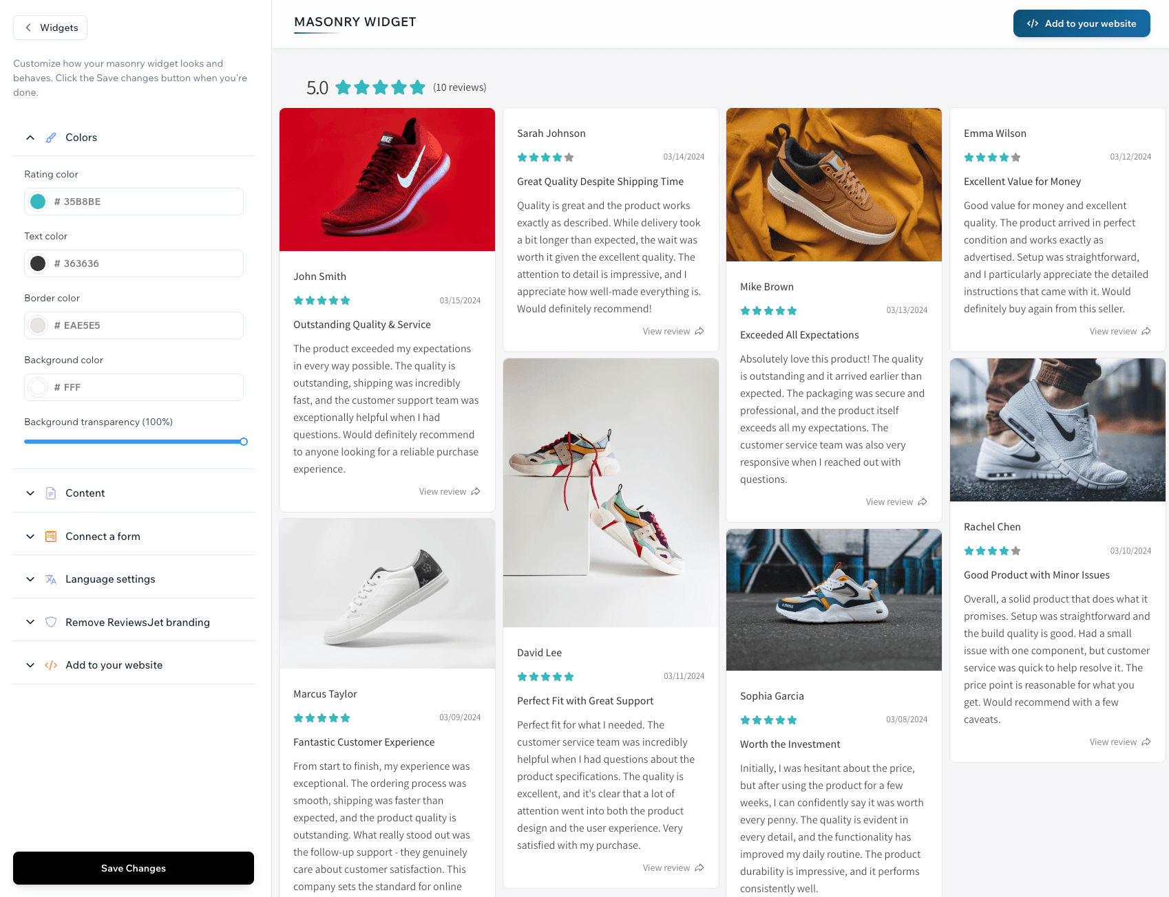 ReviewsJet Masonry Widget Settings